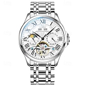 cheap Mechanical Watches-New Olevs Brand Men&#039;S Business Stainless Steel Band Watch Moon Phase Double Calendar 24-Hour Indication Automatic Mechanical Watch Simple Leisure Sports Men&#039;S Wristwatch
