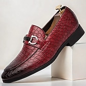cheap Semi-Formal-Men&#039;s Red Crocodile-Embossed Faux Leather Loafers – Luxury Slip-On Shoes with Sleek Metal Buckle Accent for Formal and Business Wear