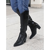 cheap Cowboy &amp; Western Boots-Black Faux Leather Knee-High Western Boots with Pointed Toe and Block Heels – Chic Cowgirl Style for Women