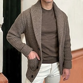 preiswerte Herren Strickjacke-Herren Strickjacke Kurzer Pullover Gerippt Stricken Standard Tasche Glatt Schalrevers Modisch Klassisch Urlaub Freizeitskleidung Bekleidung Herbst Winter Schwarz Kaki M L XL