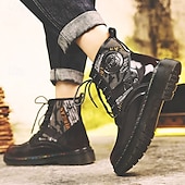abordables Botas de combate-Botas de combate de piel sintética patentada para hombre: diseño con cordones de estilo militar con detalles de camuflaje, suela resistente para uso al aire libre y casual