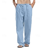 cheap Classic-Men&#039;s Linen Pants Trousers Summer Pants Beach Pants Pocket Drawstring Elastic Waistband Plain Comfort Breathable Full Length Daily Streetwear Fashion Casual / Sporty Loose Fit Dark Khaki Black