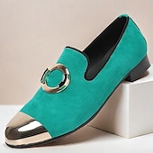 abordables Mocassins en cuir de qualité supérieure-mocassins en daim vert pour hommes avec bout métallique et boucle circulaire – chaussures habillées en cuir de vachette de qualité supérieure pour tenues formelles et décontractées