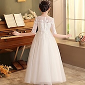 billige Blomsterkjoler-Blomsterpikekjole Barn Jente Prinsesse kjole Ytelse Bryllup Fest Elegant Vakker Netting Helfarge Kortermet Crew-hals Hvit Champagne 4 år +