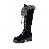 baratos Botas de neve e inverno-botas femininas de camurça sintética com cadarço até o joelho e punhos de pele sintética – calçados de inverno estilosos com sola grossa
