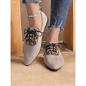 economico Scarpe oxford da donna-scarpe oxford in pelle scamosciata con pannello leopardato da donna – ballerine stringate con punta affilata per outfit casual ed eleganti