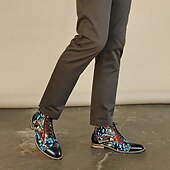 cheap Premium Leather Boots-Men&#039;s Premium Cowhide Leather Lace-Up Boots with Floral Jacquard Design and Cap Toe - Stylish and Durable Ankle Boots for Casual and Formal Occasions