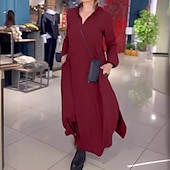 billiga midi svart klänning-Dam Svart klänning Maxiklänning Rynkad Draperad Elegant Formell V-hals Långärmad Svart Rubinrött Blå Färg