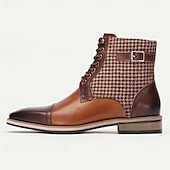 cheap Premium Leather Boots-Men&#039;s Premium Cowhide Leather Ankle Boots – Vintage Houndstooth Pattern with Buckle Detail, Stylish Dress Boots for Formal and Casual Wear