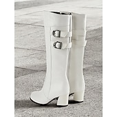 economico Stivali alla moda-stivali bianchi da donna alti fino al ginocchio con doppia fibbia – stivali eleganti con tacco a blocco per outfit invernali e casual