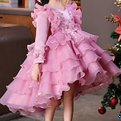 preiswerte Partykleider-kinderkleidung Mädchen Party Kleid Blume Langarm Hochzeit Besondere Anlässe Patchwork Zip bezaubernd Süß Baumwolle Polyester Asymmetrisch abendkleider Sommer Frühling Herbst 4-13 Jahre Weiß Rosa Rote