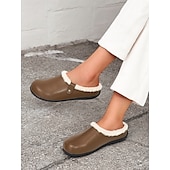 economico Zoccoli e pianelle da donna-Zoccoli invernali da donna in similpelle nera foderati in pile – comode scarpe da casa e da esterno slip-on per il comfort nelle giornate fredde