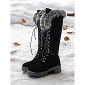 baratos Botas de neve e inverno-botas femininas de camurça sintética com cadarço até o joelho e punhos de pele sintética – calçados de inverno estilosos com sola grossa