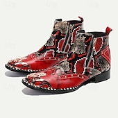 cheap Premium Leather Boots-Men&#039;s Red &amp; Black Snakeskin Leather Ankle Boots with Metallic Toe Cap and Side Zipper – Premium Cowhide Statement Footwear with Stud Accents