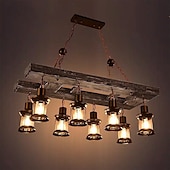 abordables Suspension-95cm LED longue bande rétro lustre en bois avec abat-jour en verre corde suspension 8 têtes blanc chaud lumières luminaire décoratif rétro rustique antique plafonnier AC110V AC220V