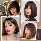 abordables perruque plus âgée-perruque bob avec frange perruques pour femmes look naturel perruque courte avec frange super douce &amp;perruque synthétique résistante à la chaleur avec frange latérale, perruque droite facile à porter