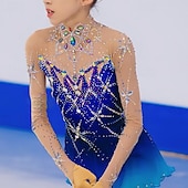 cheap Figure Skating Dresses-Figure Skating Dress Women&#039;s Girls&#039; Ice Skating Dress Blue Patchwork Thumbhole Mesh Spandex Stretchy Training Practice Professional Skating Wear Thermal Warm Crystal / Rhinestone Long Sleeve Ice