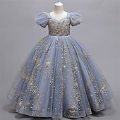 billige Blomsterkjoler-Blomsterpikekjole Barn Jente Prinsesse kjole Ytelse Bryllup Fest Elegant Vakker Paljetter Netting Helfarge Kortermet V-hals Hvit Rød 4 år +
