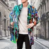 cheap Men&#039;s Print Lightweight Coats-Men&#039;s Oil Painting Winter Coat Fleece Jacket Overcoat Thermal Comfortable Artistic Casual Party Daily Wear Buttons 3D Print Front Pocket Winter Turndown Long Sleeve Yellow Blue Purple