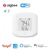 abordables Electrodomésticos-Sensor de temperatura y humedad inteligente Tuya Wifi/Zigbee, termómetro higrómetro para interiores con pantalla LCD, compatible con Alexa y Google Home