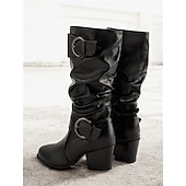 cheap Slouch Boots-Women&#039;s Brown Mid-Calf Slouchy Boots with Decorative Buckle and Low Block Heel – Casual Western Style, Perfect for Fall and Winter Fashion