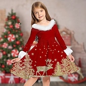 ieftine Rochii de Crăciun pentru copii-Copii Fete Rochie de Crăciun Rochie Rochie cu fulg de nea Mos Craciun Fiecare Om de Zăpadă Manșon Lung Casual Γούνινος Γιακάς Crewneck Elegant Adorabil Poliester Sub Genunchi Rochie casual Rochie