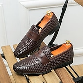 voordelige Semi-formeel-Bruine imitatieleren penny loafers voor heren met geweven bovenkant en rubberen zool - comfortabel en stijlvol voor zakelijke casual of smart casual outfits
