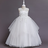 baratos Vestidos floridos-Vestido para Meninas das Flores Crianças Para Meninas Vestido de princesa Espetáculo Casamento Festa Elegante Lindo Com Transparência Côr Sólida Sem Manga Gola Redonda Branco Rosa 4 anos +