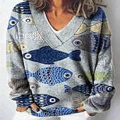 cheap Graphic Patterns &amp; Details-Women&#039;s Blouse Color Block Print Casual Long Sleeve V Neck Regular Tops Daily Print Red Blue Green Light Blue Winter