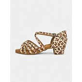 abordables Chaussures de danses latines-sandales de danse latine à imprimé léopard avec semelle en daim souple pour femmes – talons ouverts à lanières avec boucle réglable, idéales pour la salsa, le tango et la danse de salon
