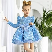 preiswerte Partykleider-kinderkleidung Mädchen Party Kleid Feste Farbe Langarm Leistung Gitter Prinzessin Süß Gitter Mitte der Wade Etuikleid Tüll-Kleid Sommer Frühling Herbst Kinder Himmelblau