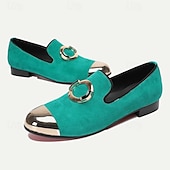 abordables Mocassins en cuir de qualité supérieure-mocassins en daim vert pour hommes avec bout métallique et boucle circulaire – chaussures habillées en cuir de vachette de qualité supérieure pour tenues formelles et décontractées