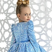 preiswerte Partykleider-kinderkleidung Mädchen Party Kleid Feste Farbe Langarm Leistung Gitter Prinzessin Süß Gitter Mitte der Wade Etuikleid Tüll-Kleid Sommer Frühling Herbst Kinder Himmelblau