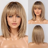 abordables Perruques Synthétiques Sans Bonnet-Perruque Synthétique Droit Avec Frange Perruque Court Brun foncé Marron Ombre Blonde ombrée Cheveux Synthétiques Femme Blond Marron