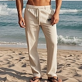baratos Feriado-Homens Calças de linho Calças Calça verão Calças de praia Com Cordão Cintura elástica Perna reta Coqueiro Conforto Respirável Comprimento total Diário Feriado Praia Férias Moda Preto Branco