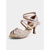 abordables Chaussures de danses latines-chaussures de danse latine à paillettes argentées pour femmes - talons à lanières avec design à double boucle et semelle en daim souple pour les événements de salsa, de salle de bal et de fête