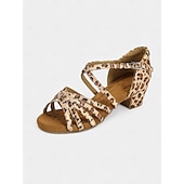 abordables Chaussures de danses latines-sandales de danse latine à imprimé léopard avec semelle en daim souple pour femmes – talons ouverts à lanières avec boucle réglable, idéales pour la salsa, le tango et la danse de salon