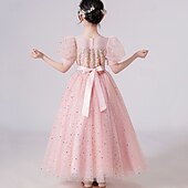 voordelige Bloemenjurken-Bloemenmeisjesjurk kinderen Voor meisjes Prinses jurk Prestatie Bruiloft Feest Elegant Mooi Netstof Effen Kleur Korte mouw Strakke ronde hals Wit Blozend Roze 4 jaar +