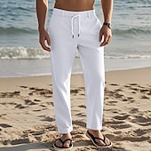 cheap Holiday-Men&#039;s Linen Pants Trousers Summer Pants Beach Pants Drawstring Elastic Waist Straight Leg Plain Comfort Breathable Full Length Daily Holiday Beach Vacation Fashion Black White