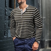 billige Uformell Henley T-skjorte-Herre T-skjorte med knapp T skjorte Henly-skjorte T-skjorter Langermet Henley Vår &amp; Vinter Stripet Mote Designer Grunnleggende Knapper Feriereise Gate Ut på byen Svart Hvit Kakifarget Topp T-skjorte