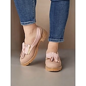 cheap 1950s-Women&#039;s Pink Tassel Loafers with Brogue Detailing and Chunky Sole – Vintage-Style Casual Shoes for Everyday Wear