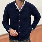 preiswerte Herren Strickjacke-Herren Strickjacke Strickpullover Gerippt Stricken Standard Knopf hoch Feste Farbe Ständer Modisch Klassisch Freizeitskleidung Verabredung Bekleidung Herbst Winter Schwarz Dunkelmarine M L XL