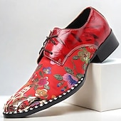 cheap Elemental Dress Shoes-Men&#039;s Red Floral Lace-Up Oxford Shoes – Premium Cowhide Leather with Metal Toe Cap, Stylish Design for Weddings, Parties, and Special Occasions