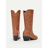tanie Kowboj i zachodnie buty-damskie kowbojskie buty w stylu western – klasyczne, sięgające do połowy łydki, brązowe, ze sztucznej skóry z haftowanym wzorem, idealne na co dzień, na festiwale i do strojów wiejskich