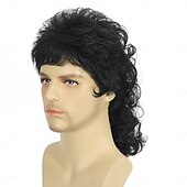 cheap Mens Wigs-Mullet Wig Black Men Wigs 80s Curly Male Wig Halloween Costumes Punk Rocker Wig Long