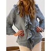 preiswerte Hemden-Damen Hemd Leinen-inspirierte Hemden Bluse Einfarbig Basic Lässig Langarm V Ausschnitt Normale Oberteile Täglich Rüsche Weiß Grün Grau Herbst Winter
