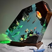 preiswerte Tischlampen-handgefertigtes Nachtlicht aus Ozeanharz, Nachtlicht aus Delfin- und Schildkrötenharz, Taucherpaar erkundet Unterwasserwelt, Clownfische, Wassergras, USB-Tischlampe aus Holz für Zuhause &amp;Bürodekor,