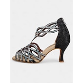 abordables Chaussures de danses latines-sandales de danse noires à strass pour femmes avec design à lanières et talon moyen – parfaites pour la danse de salon, la salsa et la danse latine