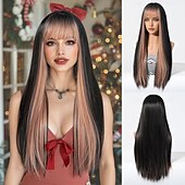 baratos Perucas Sintéticas sem Touca-Perucas sintéticas Uniformes Trajes de carreira Princesa Liso Kinky Liso Parte do meio Corte em Camadas Com Franjas Fabrico à Máquina Peruca 26 polegadas Preto Cabelo Sintético Mulheres Fantasias