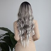 abordables Perruques Synthétiques Sans Bonnet-Perruque Synthétique Ondulé Boucle rebondissante Partie médiane Coupe Droite Perruque 28 pouces Gris argenté Cheveux Synthétiques Femme Au Milieu Frais Adorable Gris